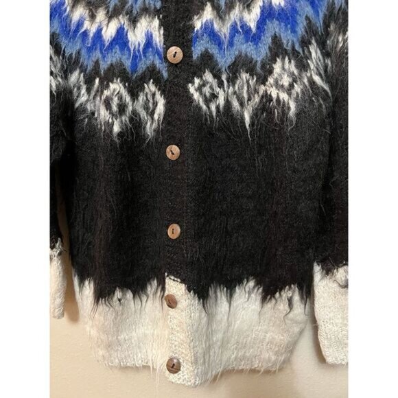 Vtg Signature Imports Alpaca Fair Isle Cardigan Black Blue White Fuzzy Bolivia - Picture 8 of 16